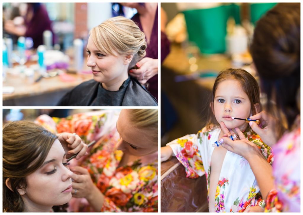 bride getting with bridesmaids and twin flower girls at della terra mountain chateau wedding