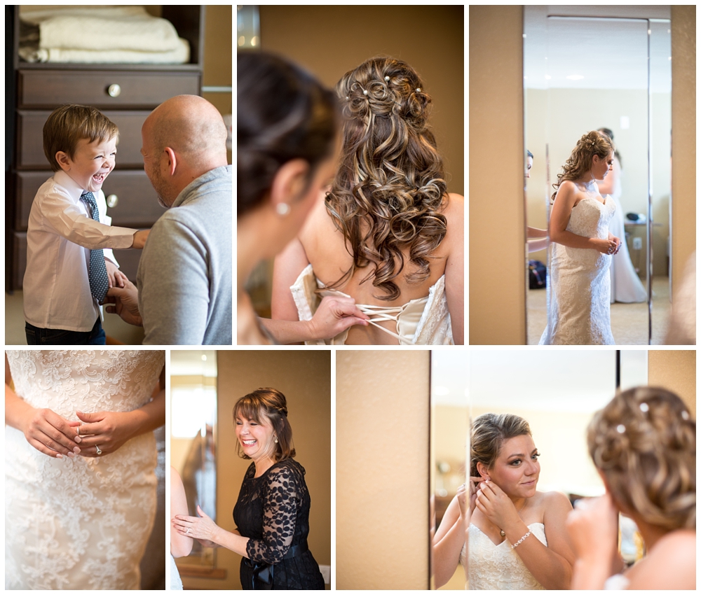 bride getting ready for wedding with bridemaids