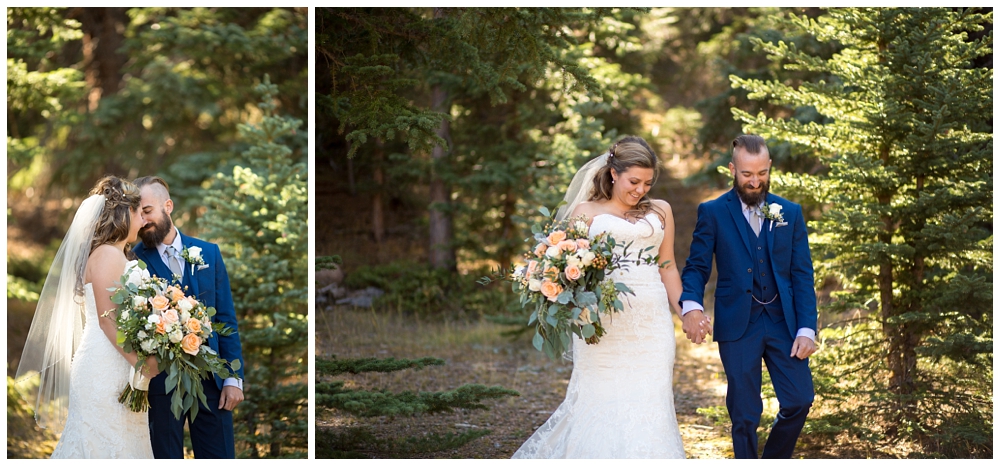 bride and groom outdoor portraits at mountain view ranch wedding in pine colorado