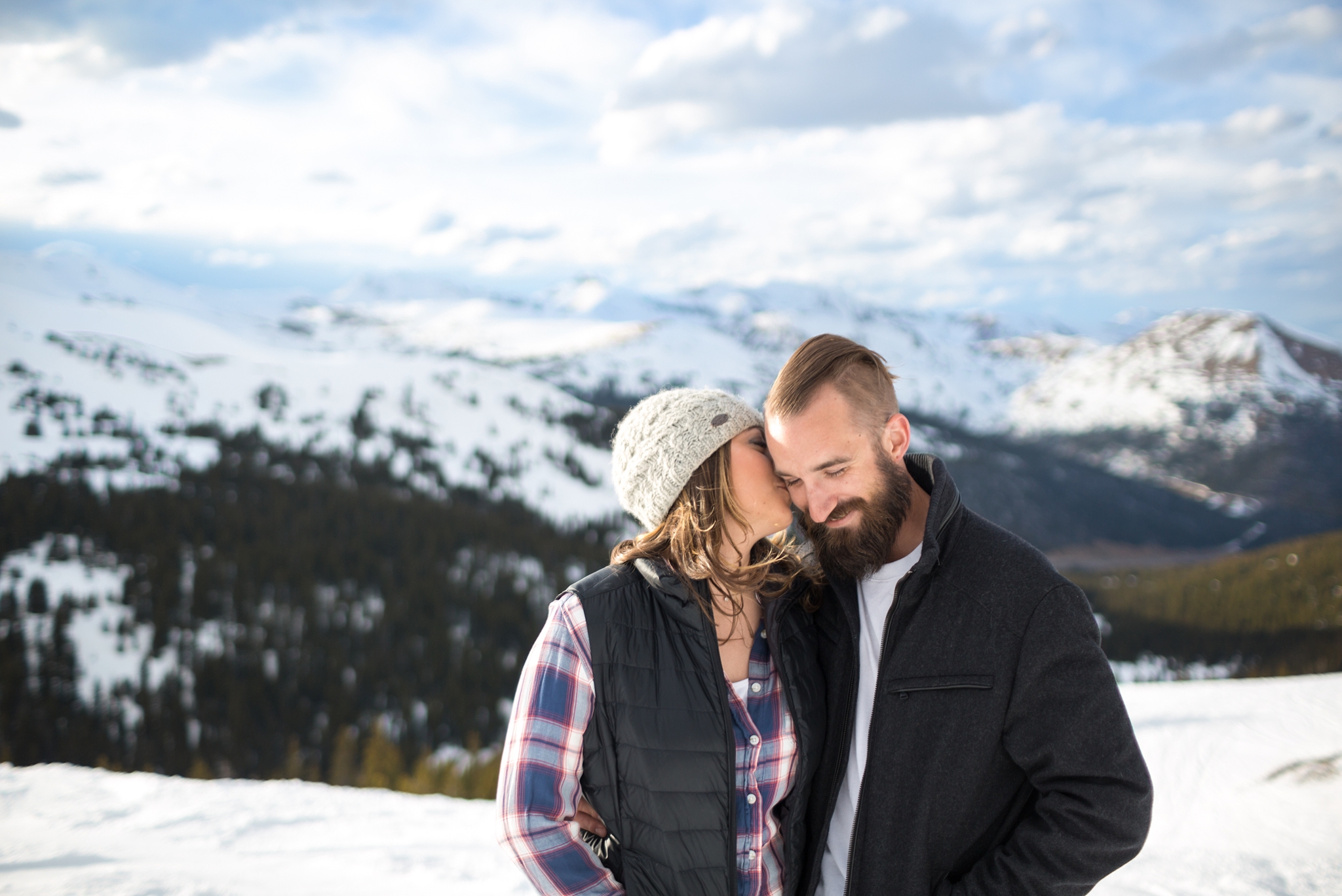 what to wear for an engagement session in the winter in colorado beanie with plaid and vest