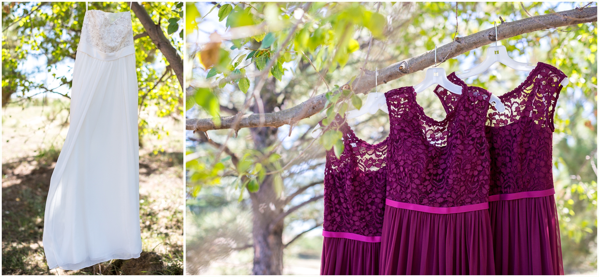 maroon long bridesmaid dresses and bridal gown hanging