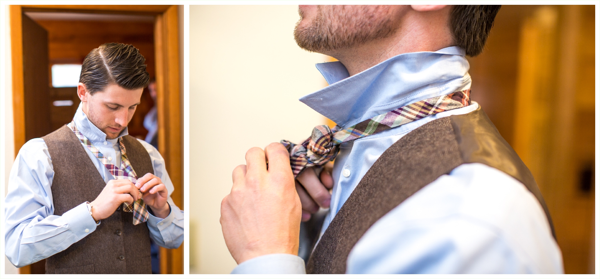 groom getting ready plaid bowtie la foret wedding colorado