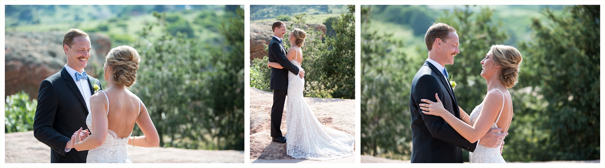bride and groom share first look during colorado mountain wedding