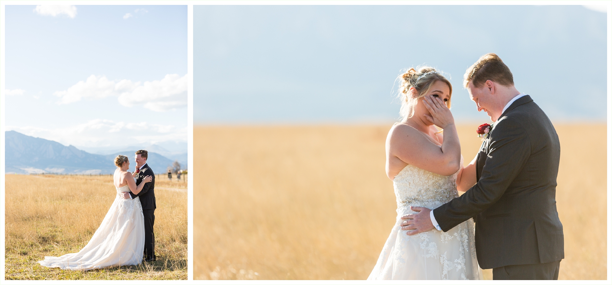 bride is emotional during first look with her groom in the colorado mountains