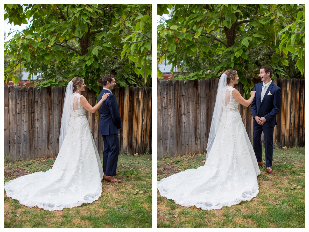bride and groom share first look outdoors before standley lake wedding