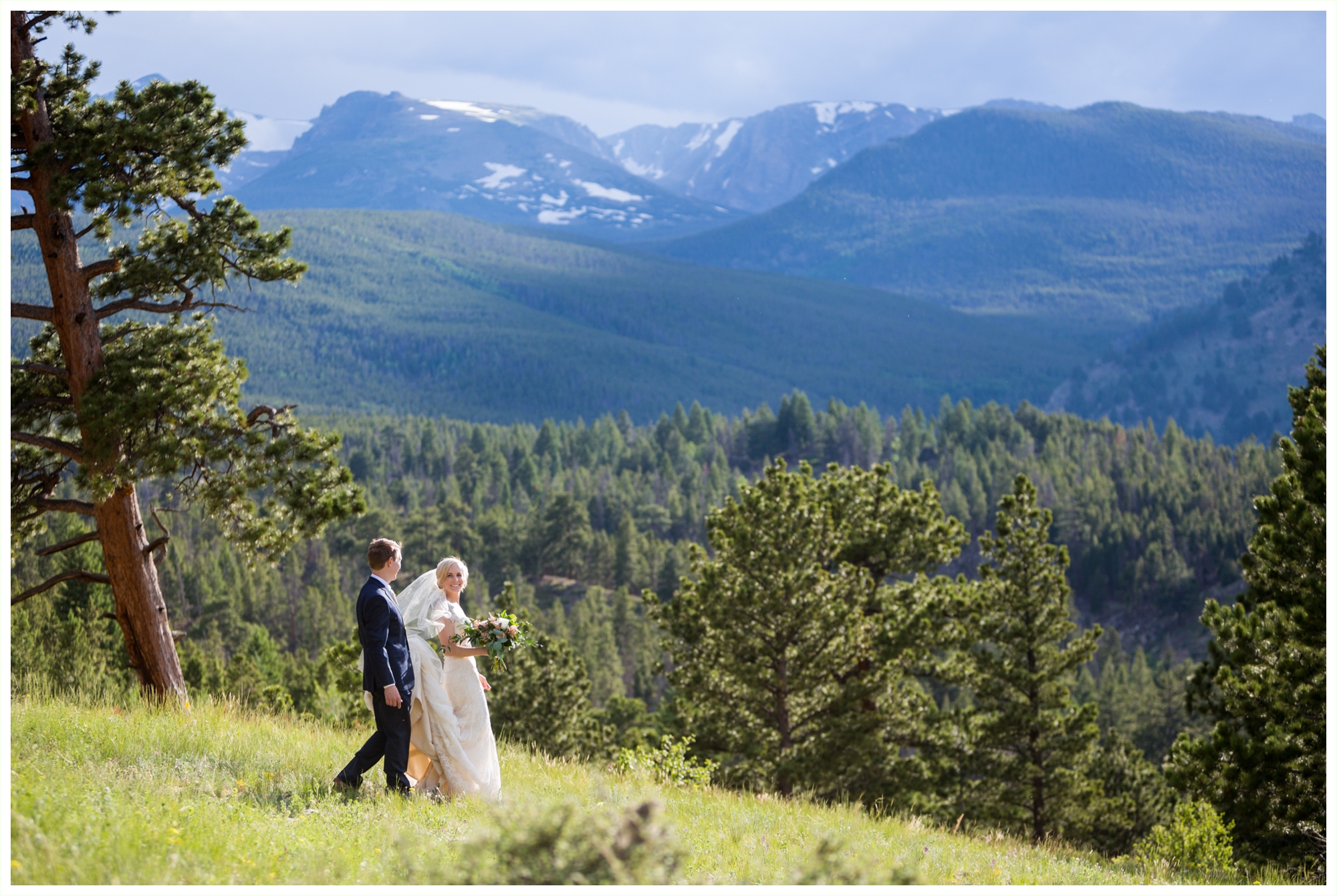 ymca of the rockies wedding venue bride and groom portraits vintage glam bride