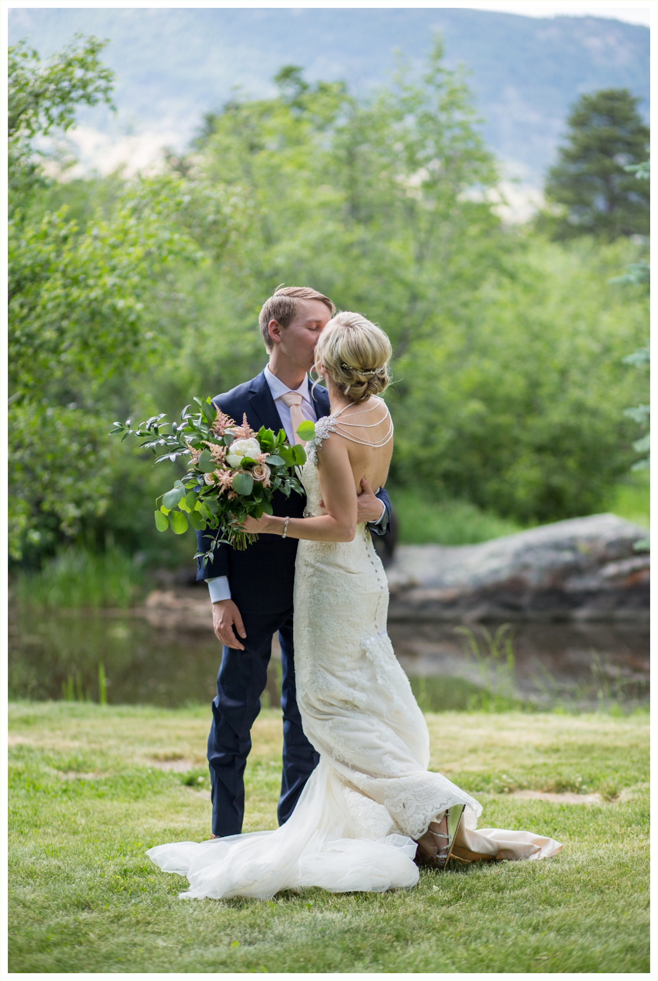 romantic riversong bed and breakfast estes park colorado bride and groom first look photos