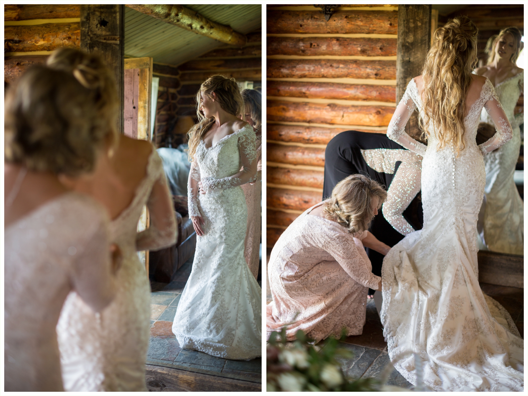strawberry creek ranch wedding bride gets into dress inside bridal suite