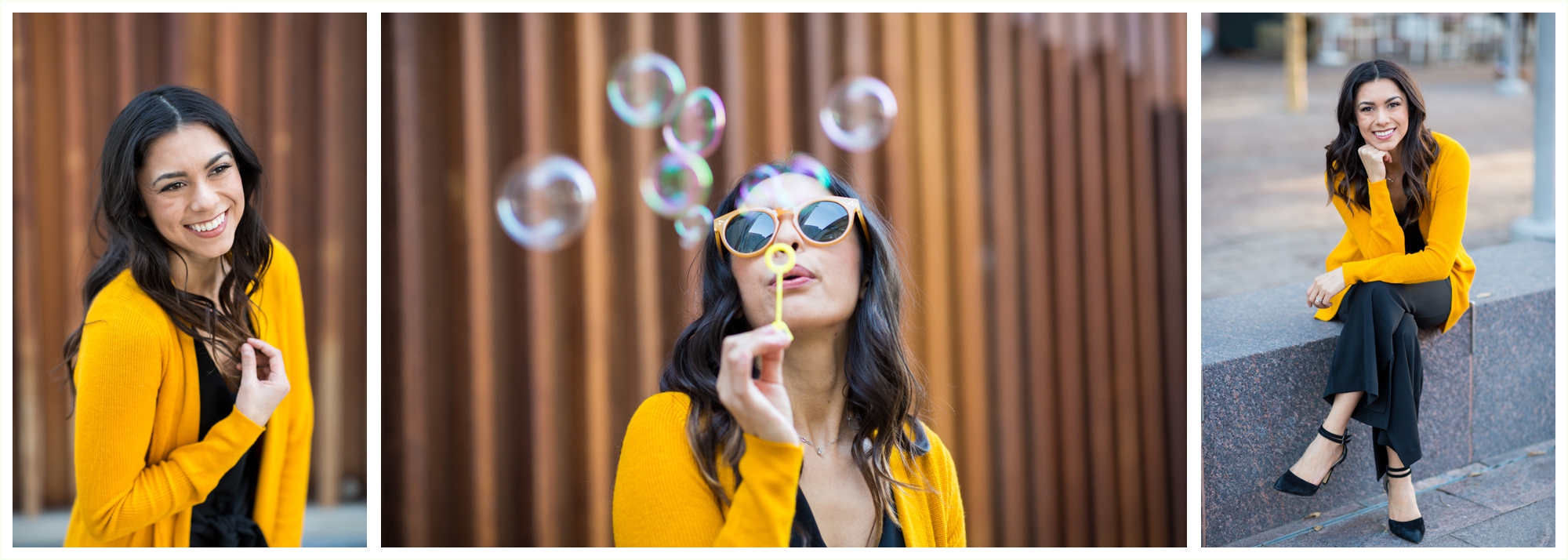 Lifestyle personal branding photo session for a sales entrepreneur. Client wearing super cute vibrant yellow sweater and fashionable hat. Cute candid photos by Denver personal branding photographer Kathryn Kim Photography. Client wearing cute yellow sunglasses and blowing bubbles. 