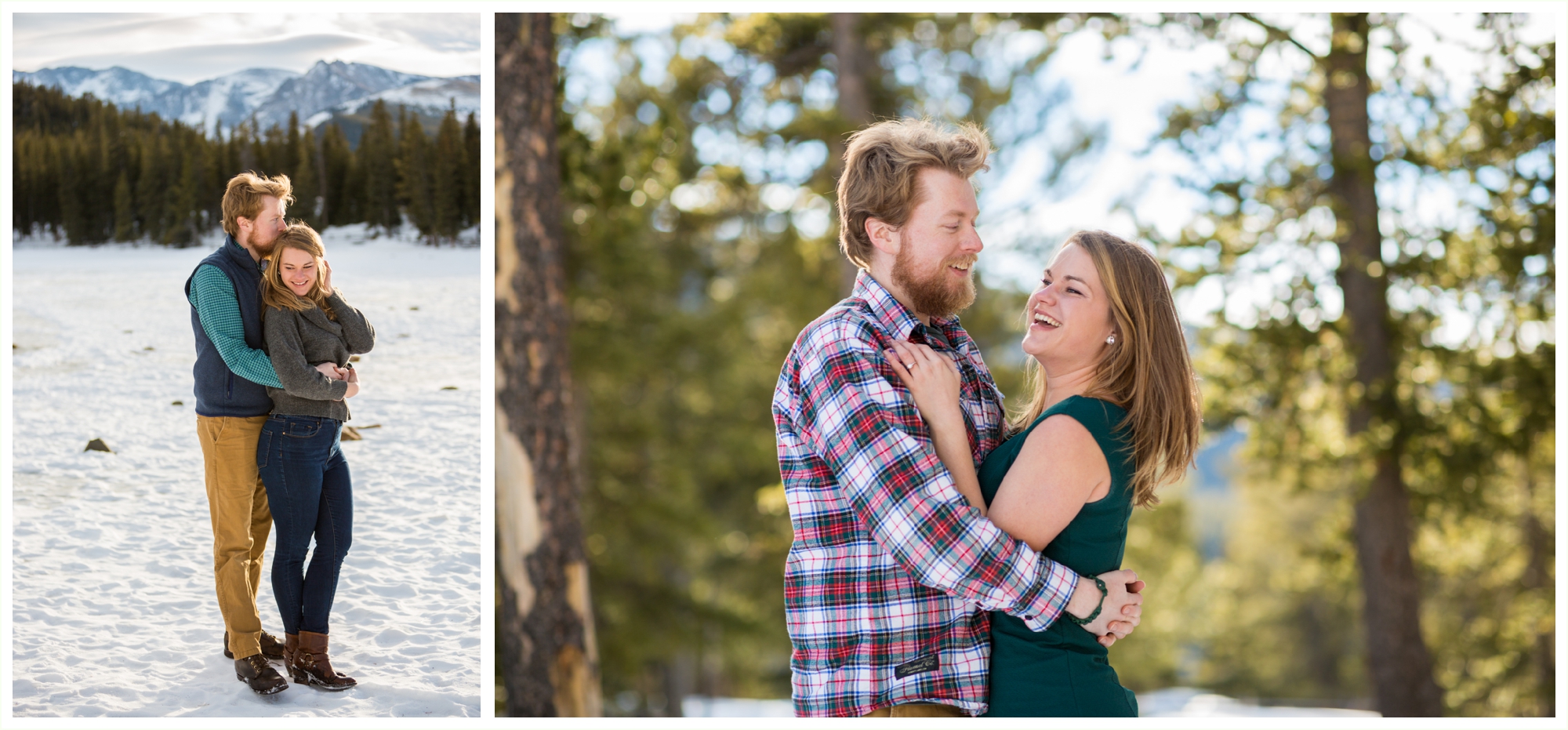Echo Lake Park winter engagement session in the Colorado mountains. Colorado mountain wedding photographer. Colorado engagement photographer. natural candid Colorado engagement photography. Outdoor winter engagement photos in Colorado mountains. Colorado mountain wedding photographer. Plaid shirt green dress winter engagement outfits. bride laughs as groom tells her a funny joke. 