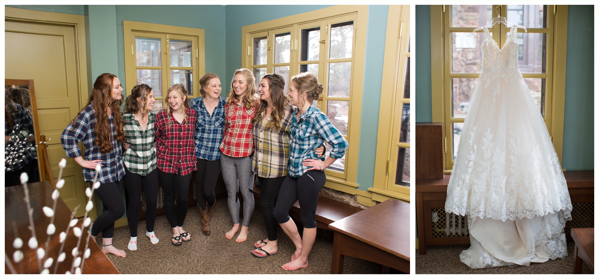 bridesmaids wearing matching flannels during getting ready at Boettcher mansion wedding in golden colorado. colorado mountain wedding photographer captures natural candid moments