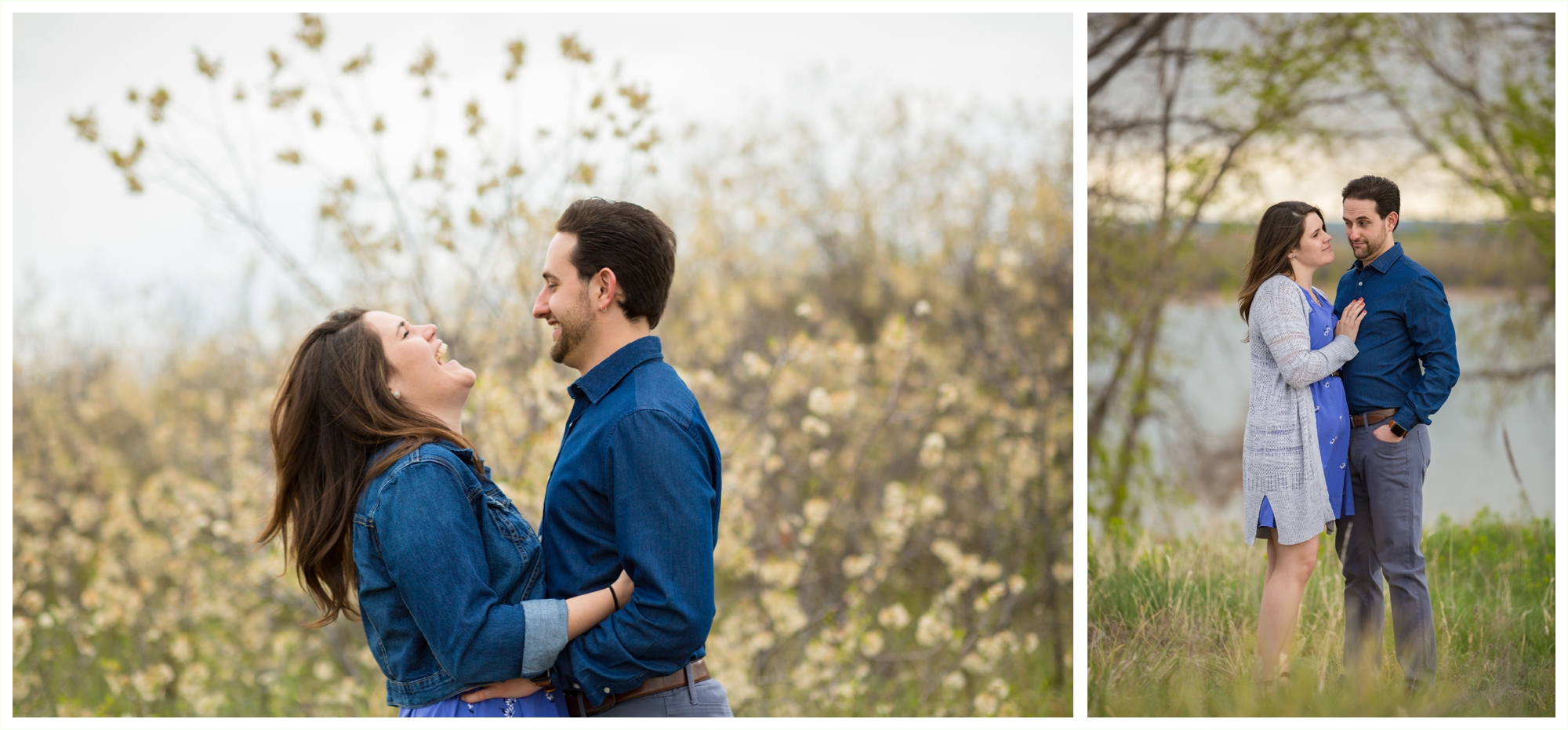 denver engagement photographer shoots spring Colorado session at Cherry Creek Reservoir. Foggy springy engagement session by Colorado engagement photographer Kathryn Kim. couple wears blue and grey engagement outfits