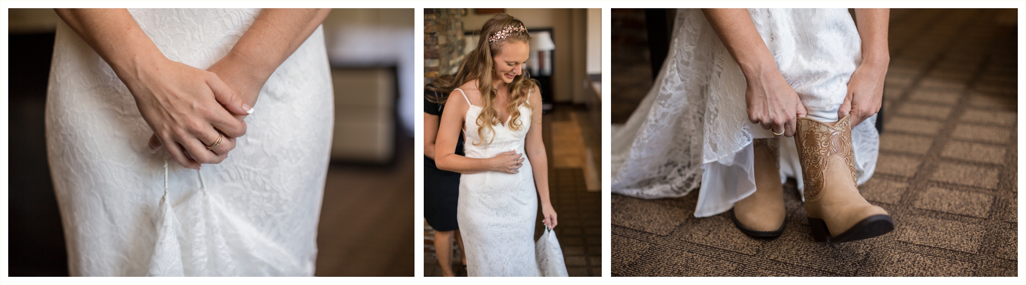 bride getting ready at blackhawk casino hotel for panorama point elopement. getting shoes on