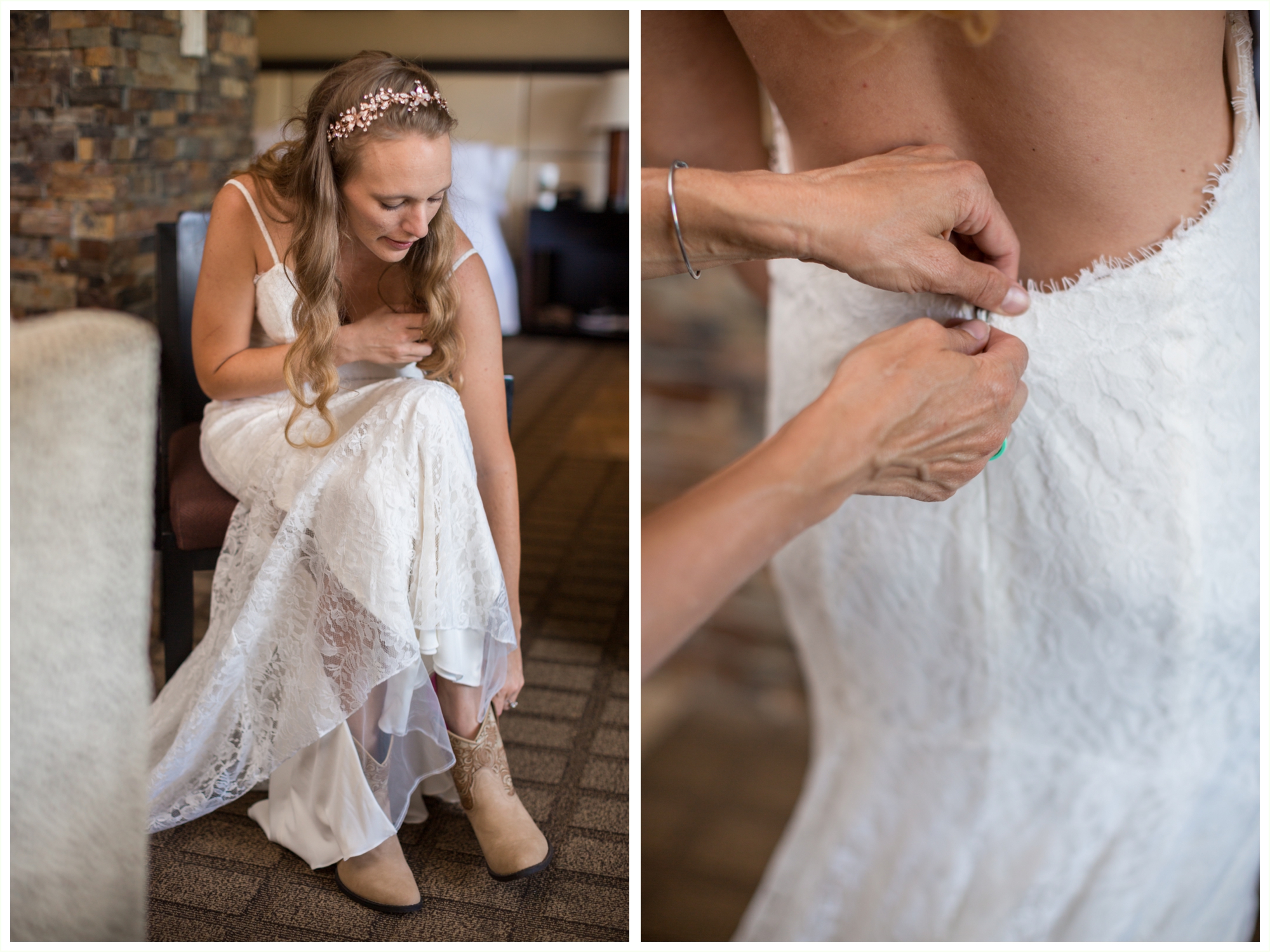 bride getting ready at blackhawk casino hotel for panorama point elopement. getting wedding day cowgirl boots on. 