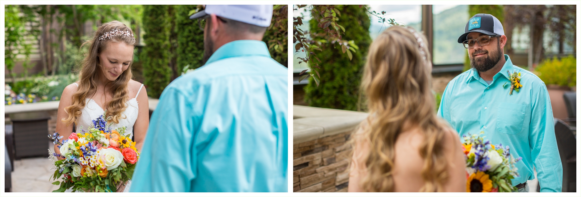 bride and groom share first look at penthouse of ameristar hotel in blackhawk colorado. panorama point elopement