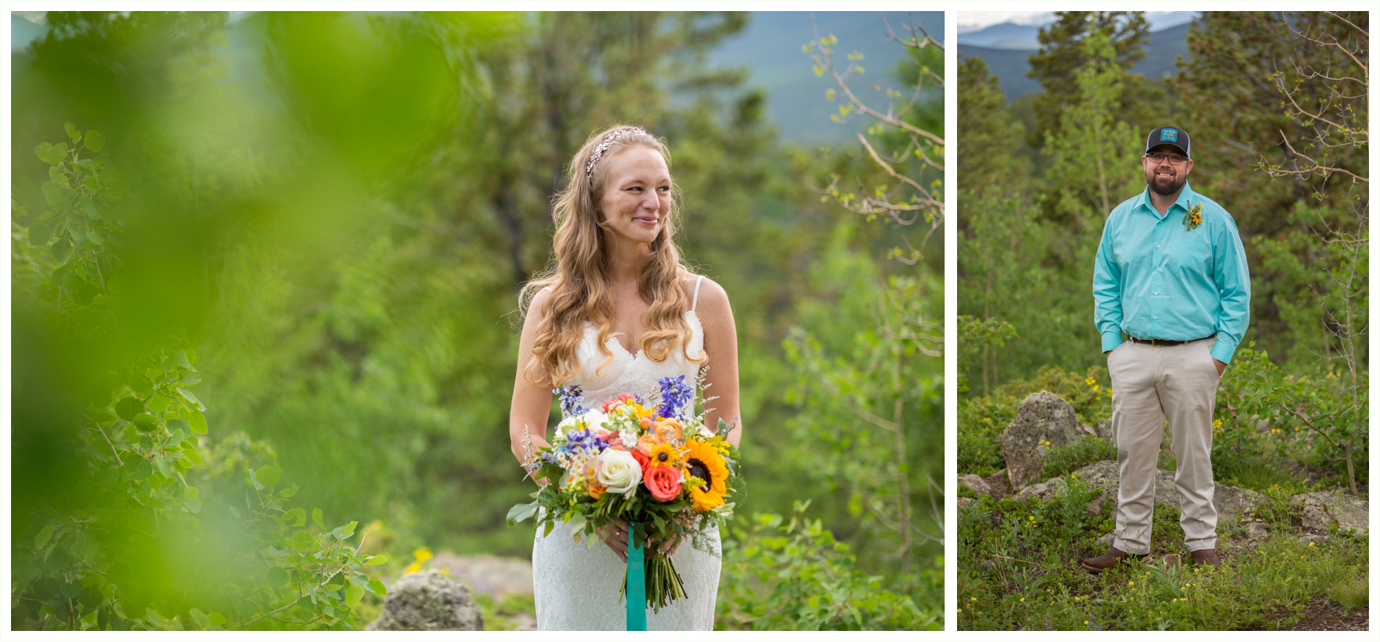 bride and groom take portraits before summer destination elopement at panorama point in colorado mountains 