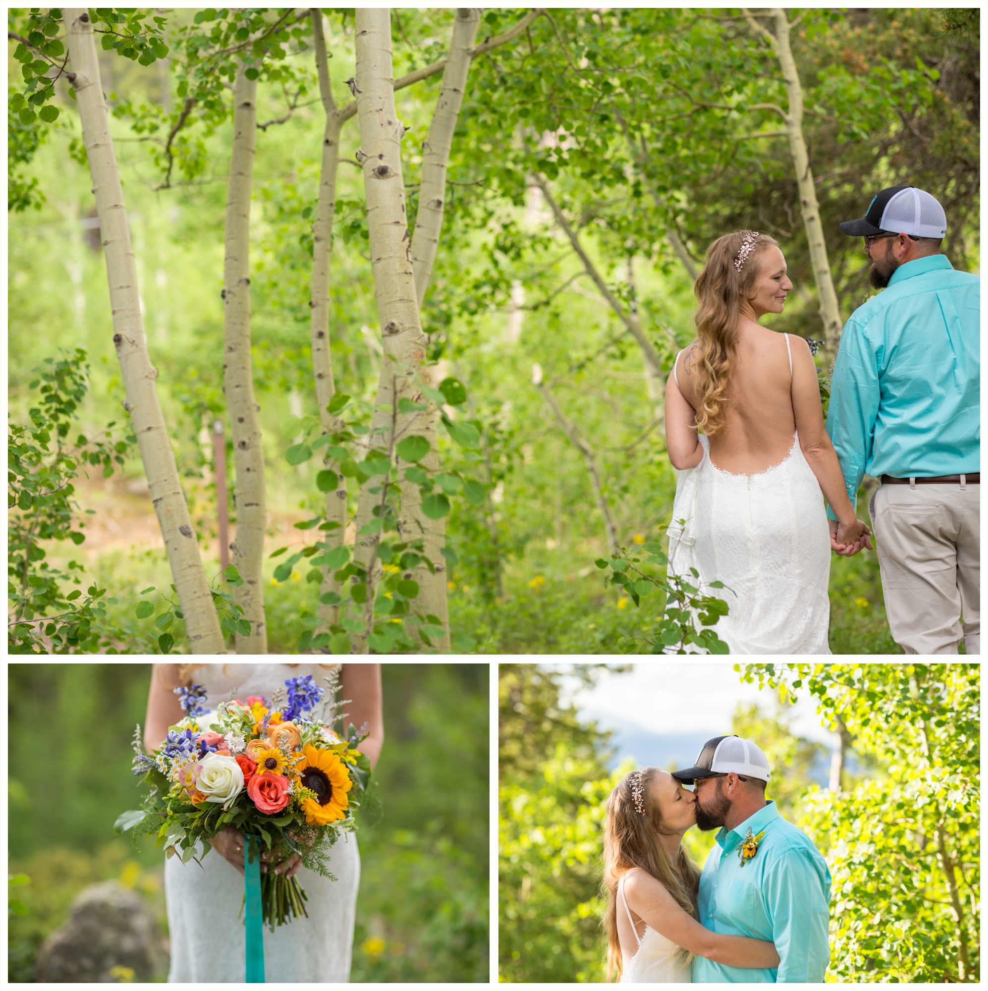 bride and groom take elopement portraits by colorado mountain wedding photographer for summer wedding at golden gate canyon state park