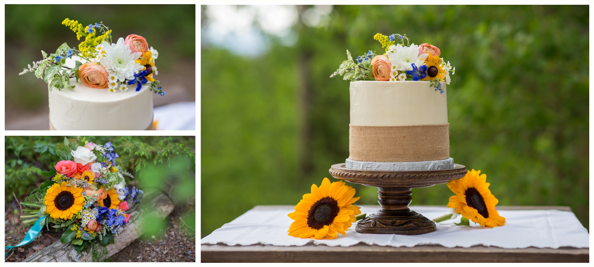 cutest cake for summer elopement in the mountains of colorado. sunflowers and bright colors