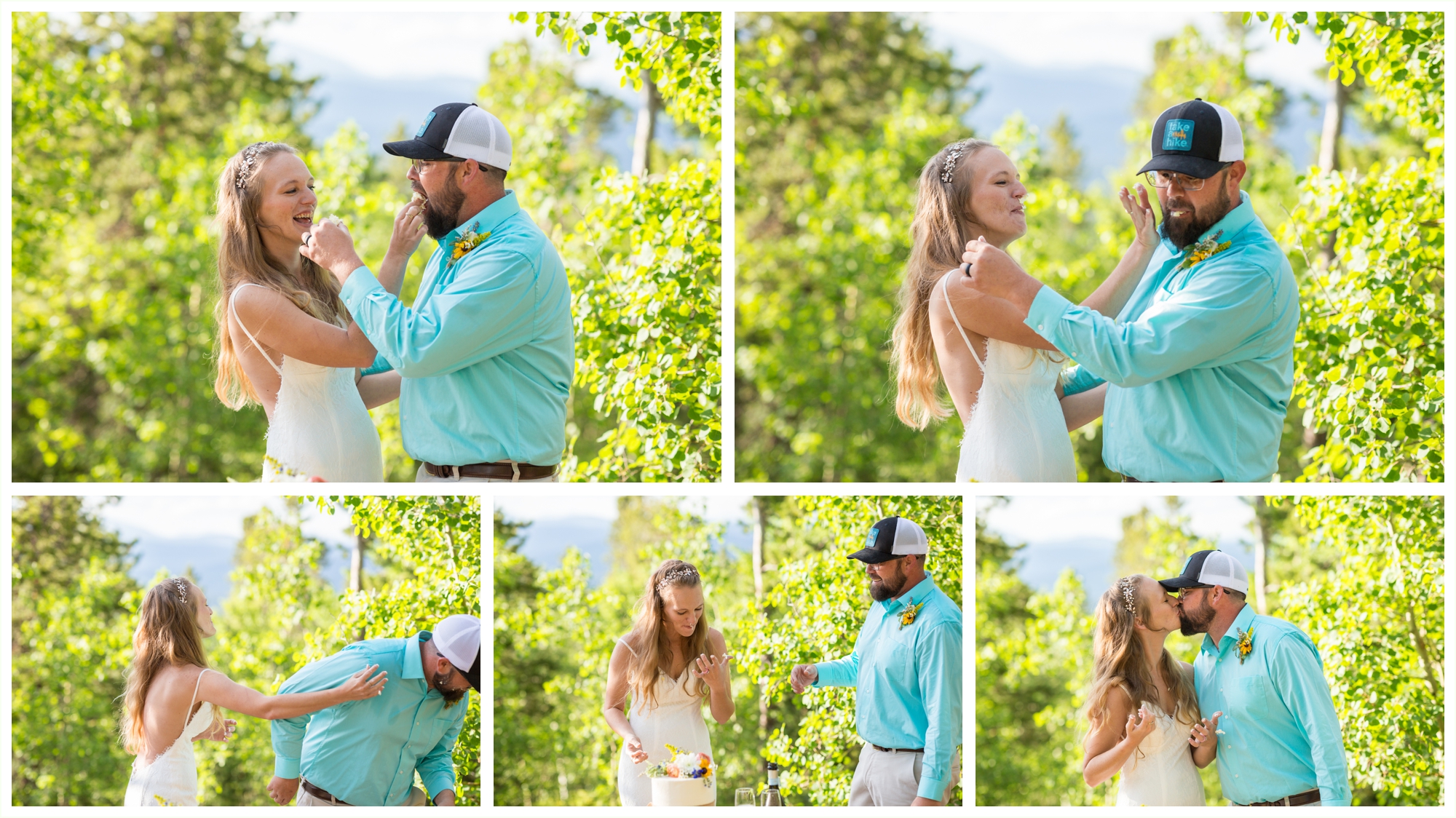 bride and groom feed each other cake after panorama point elopement in colorado mountains 