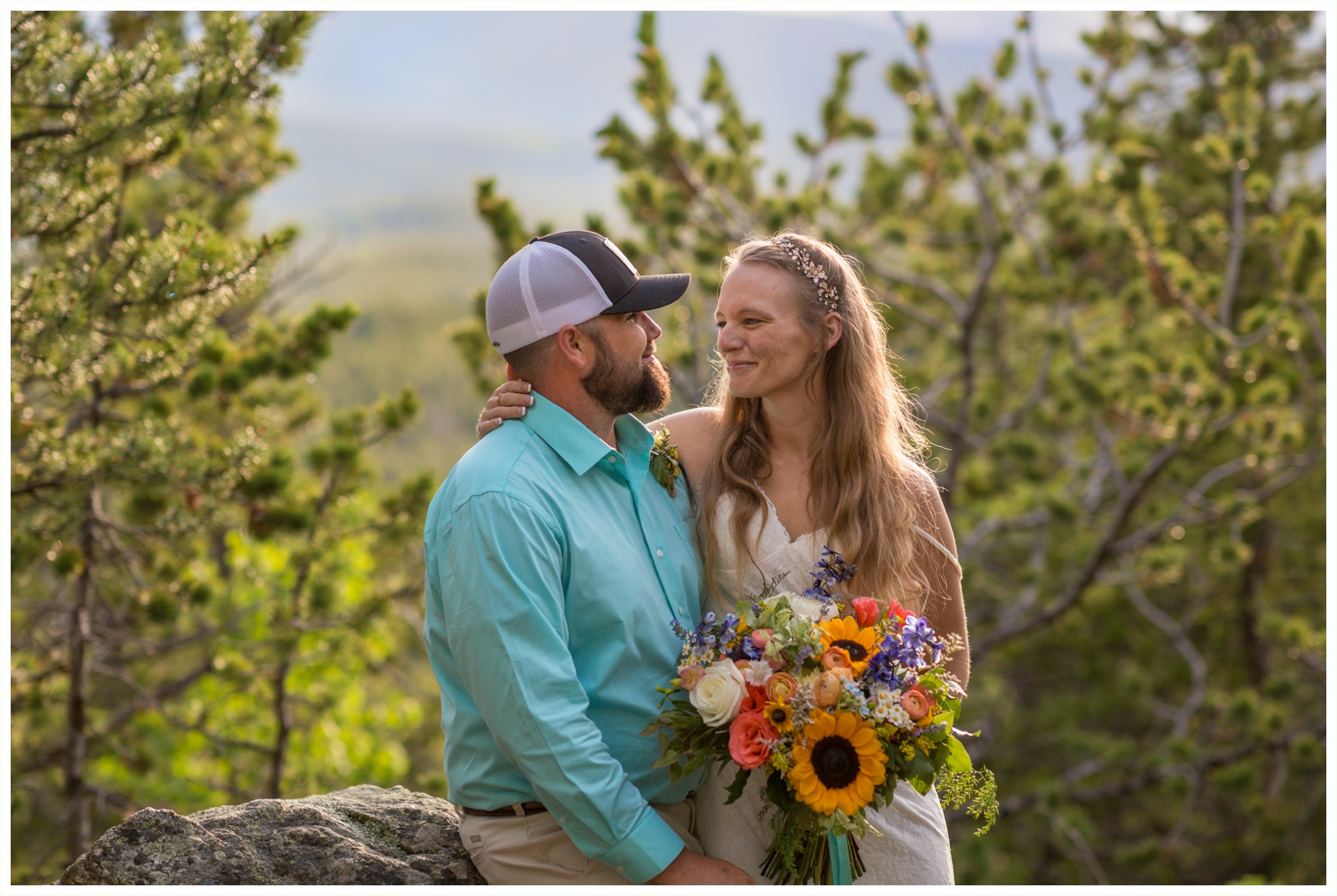 beautiful natural candid golden hour bride and groom portraits at golden gate canyon state park elopement by colorado mountain wedding photographer