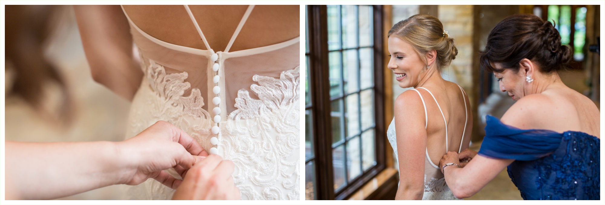 bride's dress gets buttoned during getting ready at santuary golf course