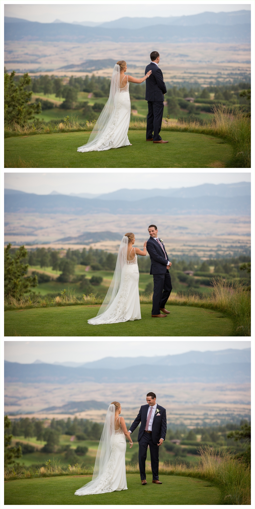 bride and groom share first look at sanctuary golf course in castle pines colorado 