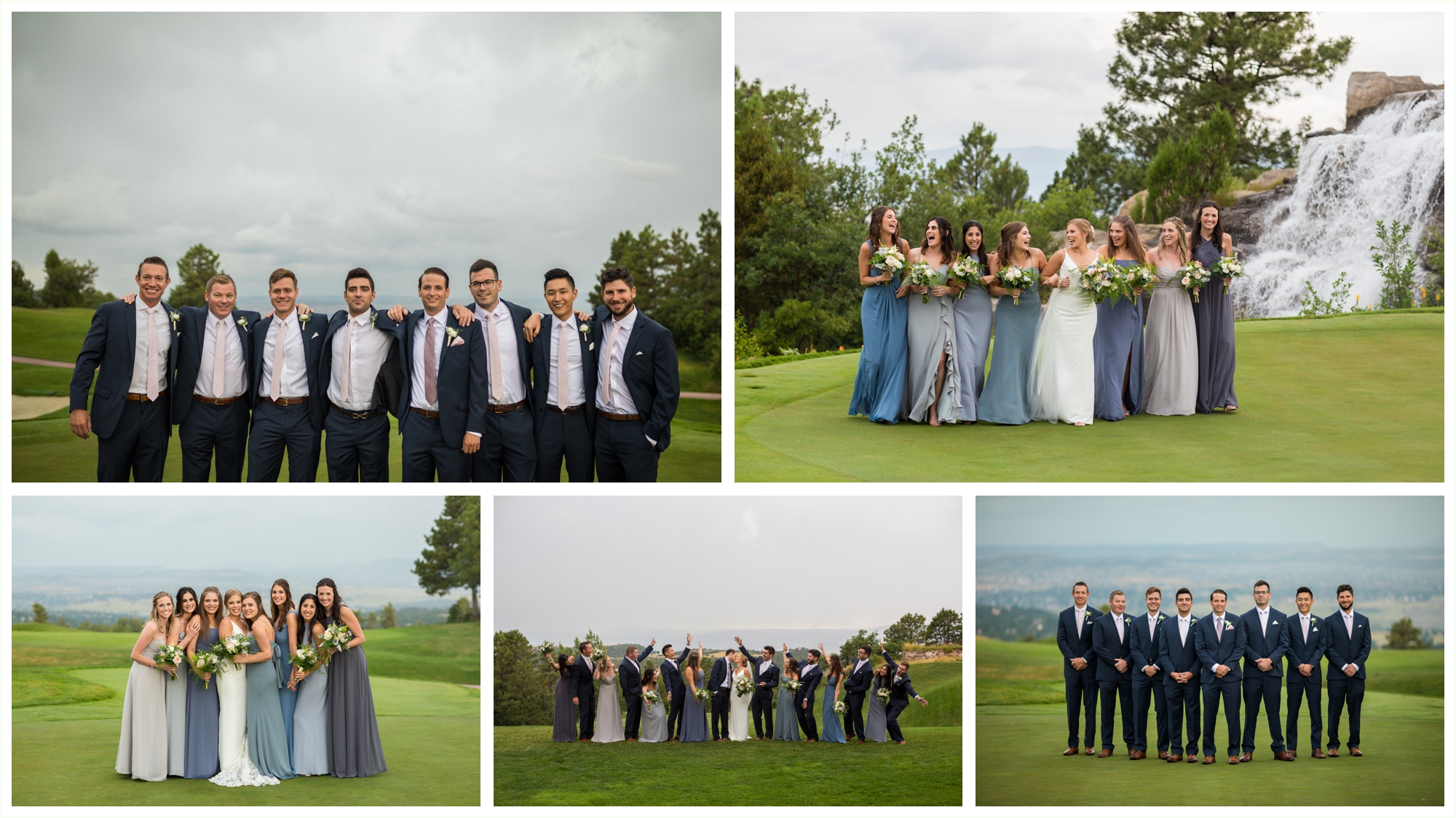 bridal party portraits at sanctuary golf course ladies in dusty blue floor length gowns