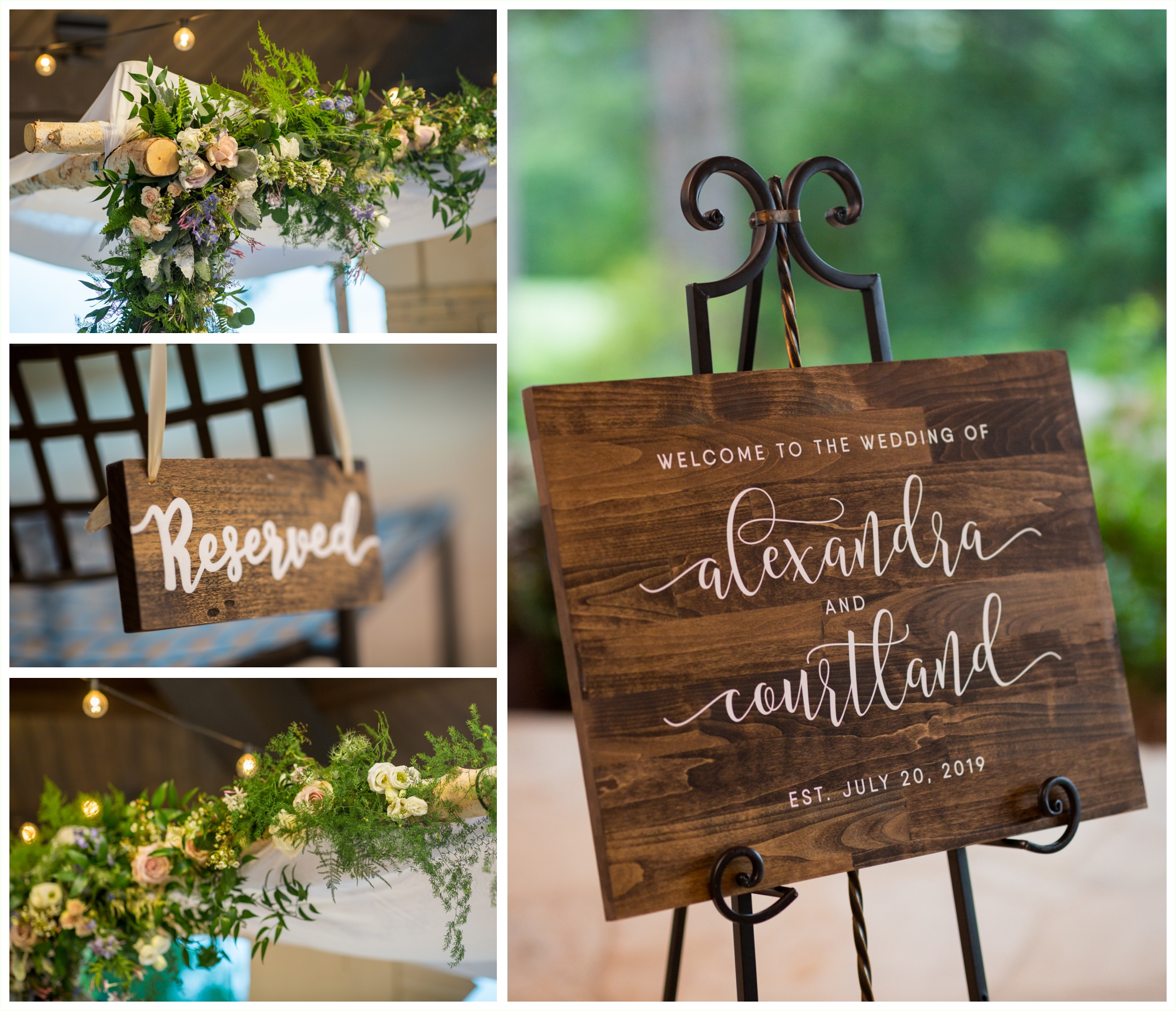 ceremony details wooden sign and floral arch