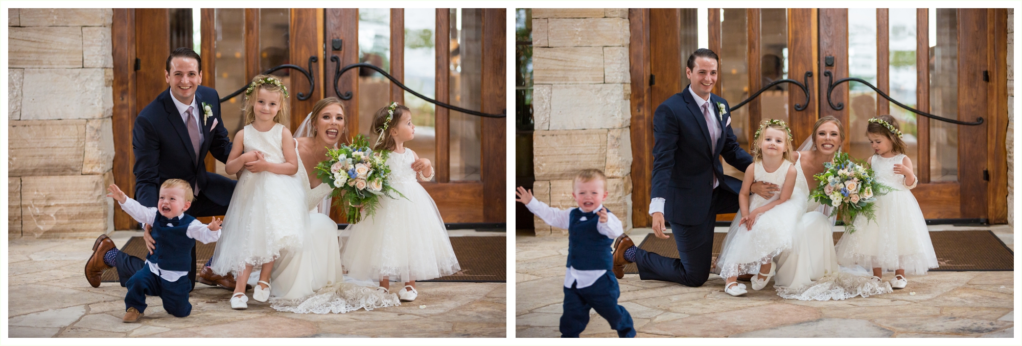 bride and groom funny candids with flower girls and ring bearer