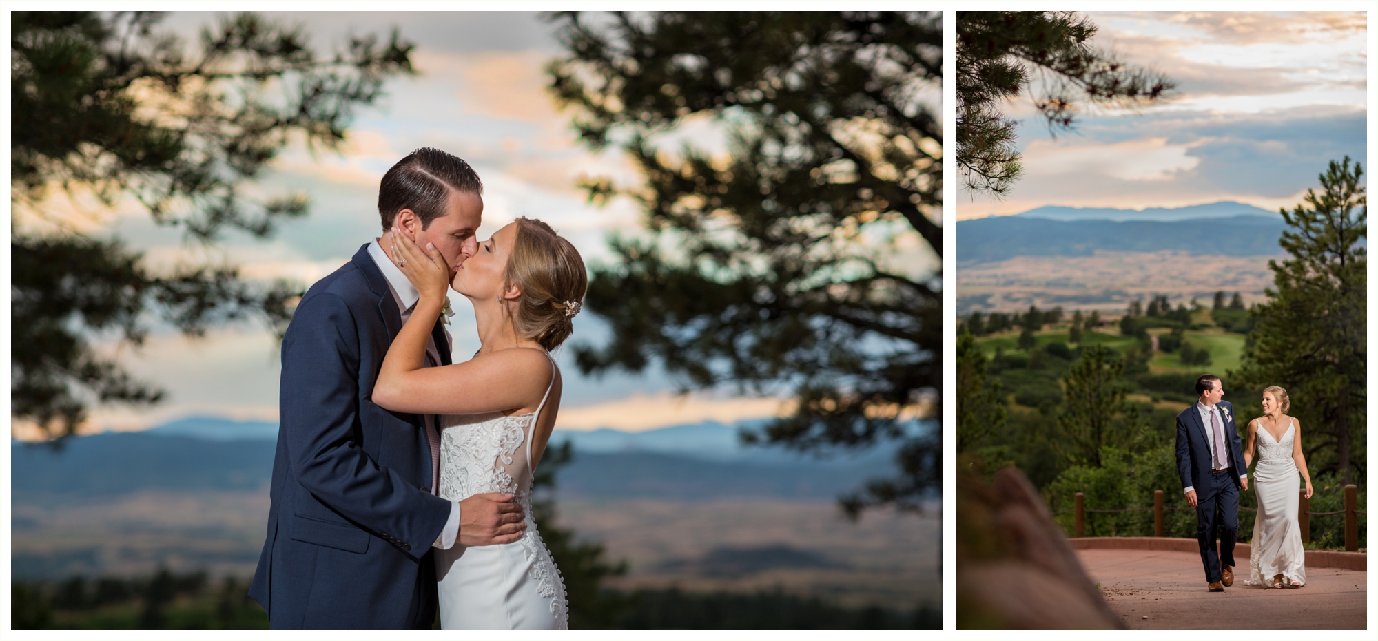 bride and groom sunset portraits at sanctuary golf course wedding in colorado