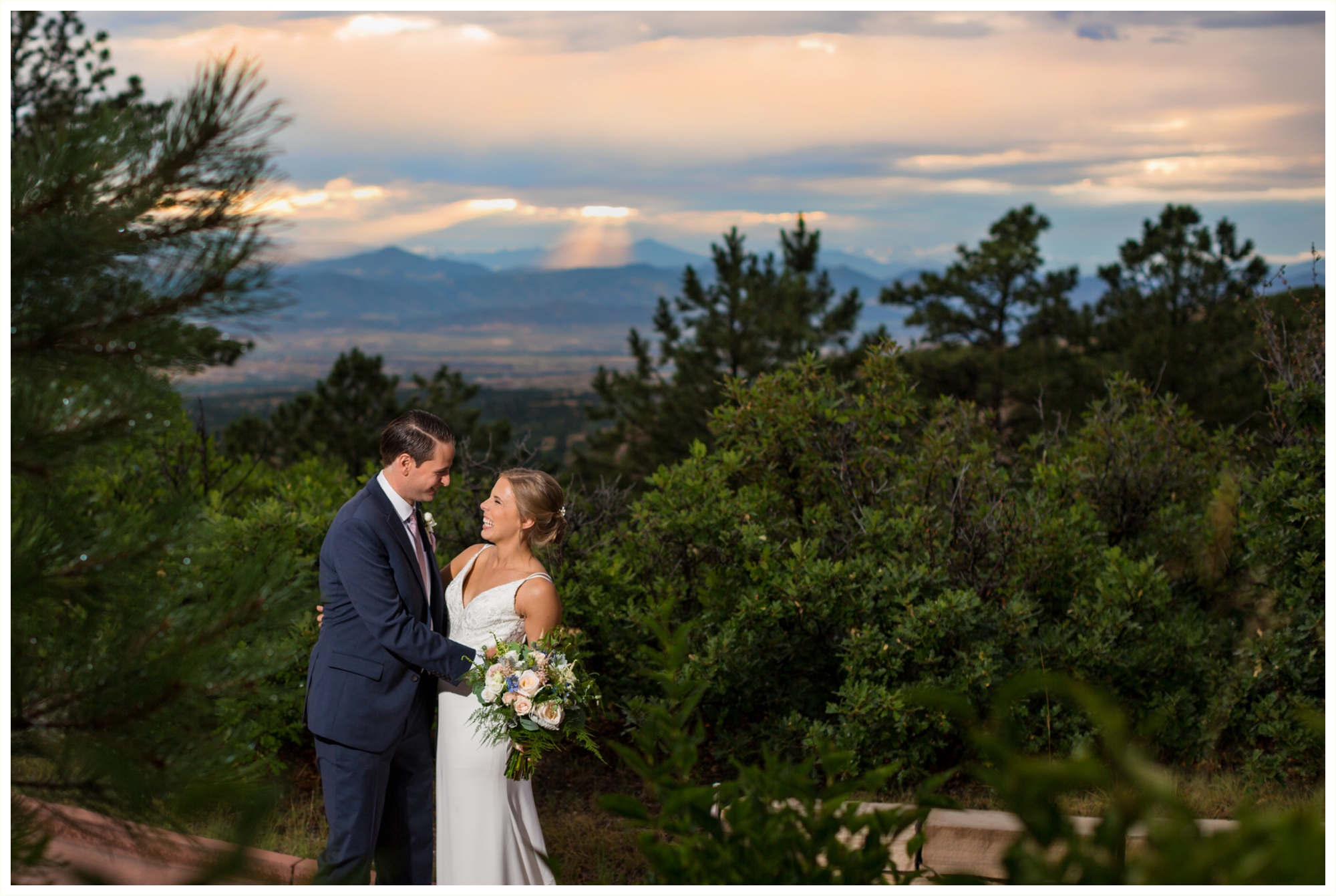 bride and groom sunset portraits on the greens at sanctuary golf course wedding in colorado