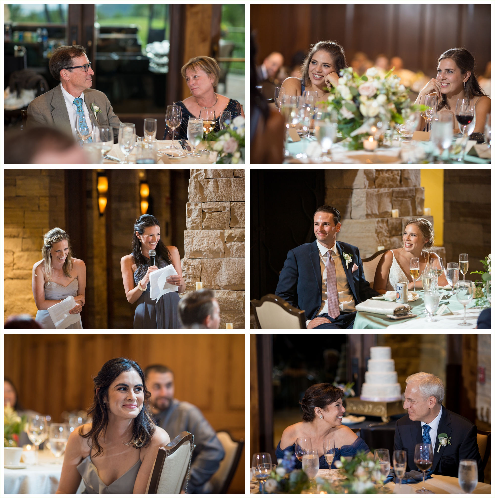 candid photos during toasts at wedding reception in colorado 