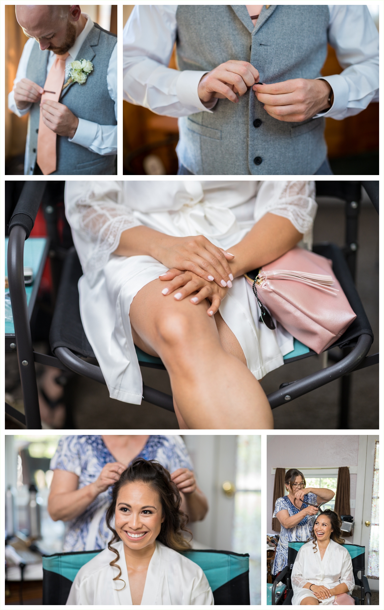 bride getting her hair done before wedding ceremony in cabin at stone mountain lodge. groom getting dressed