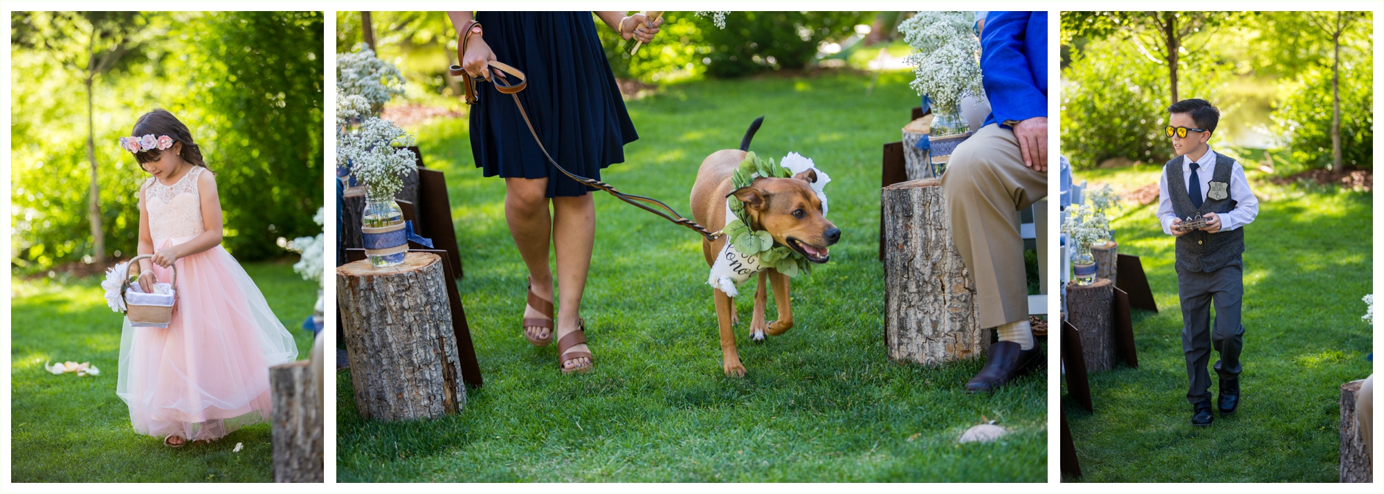 flower girl, ring bearer and bride and groom's dog walk down the aisle for wedding ceremony