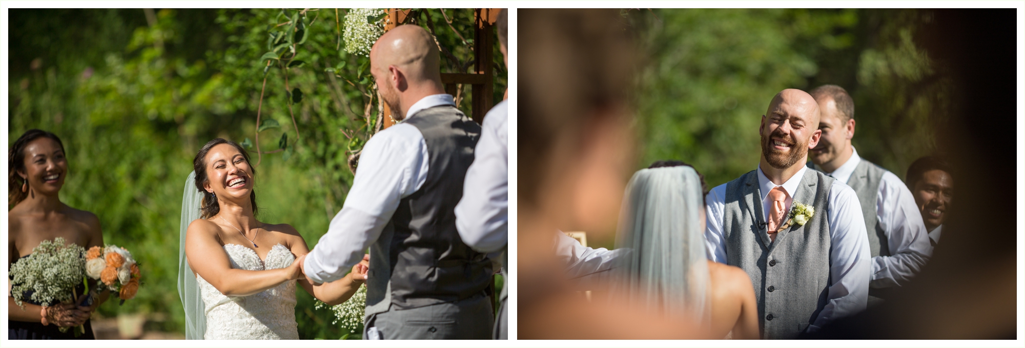 sweet moments of bride and groom laughing during wedding ceremony at stone mountain lodge in lyons colorado