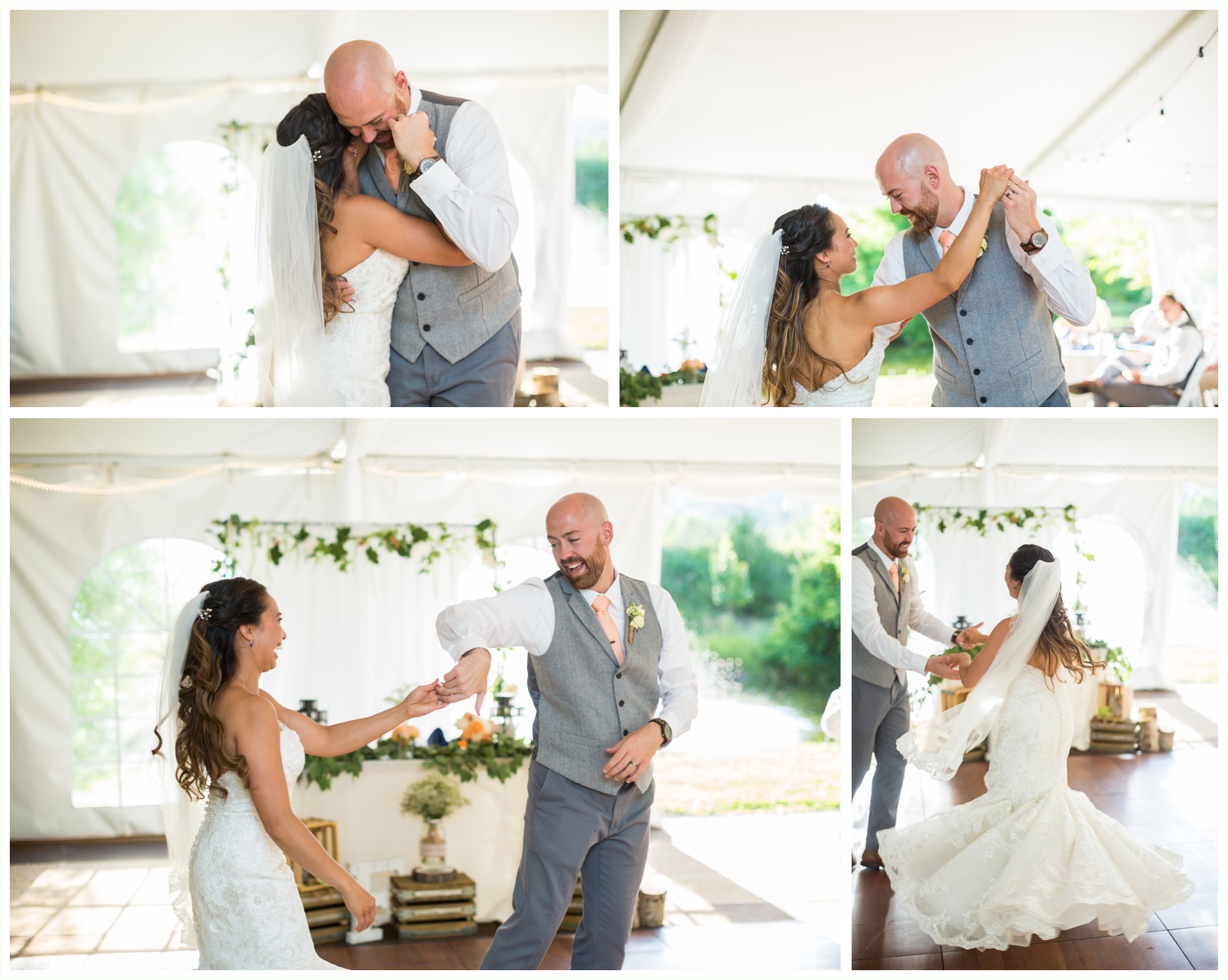 bride and groom share first dance together at wedding reception