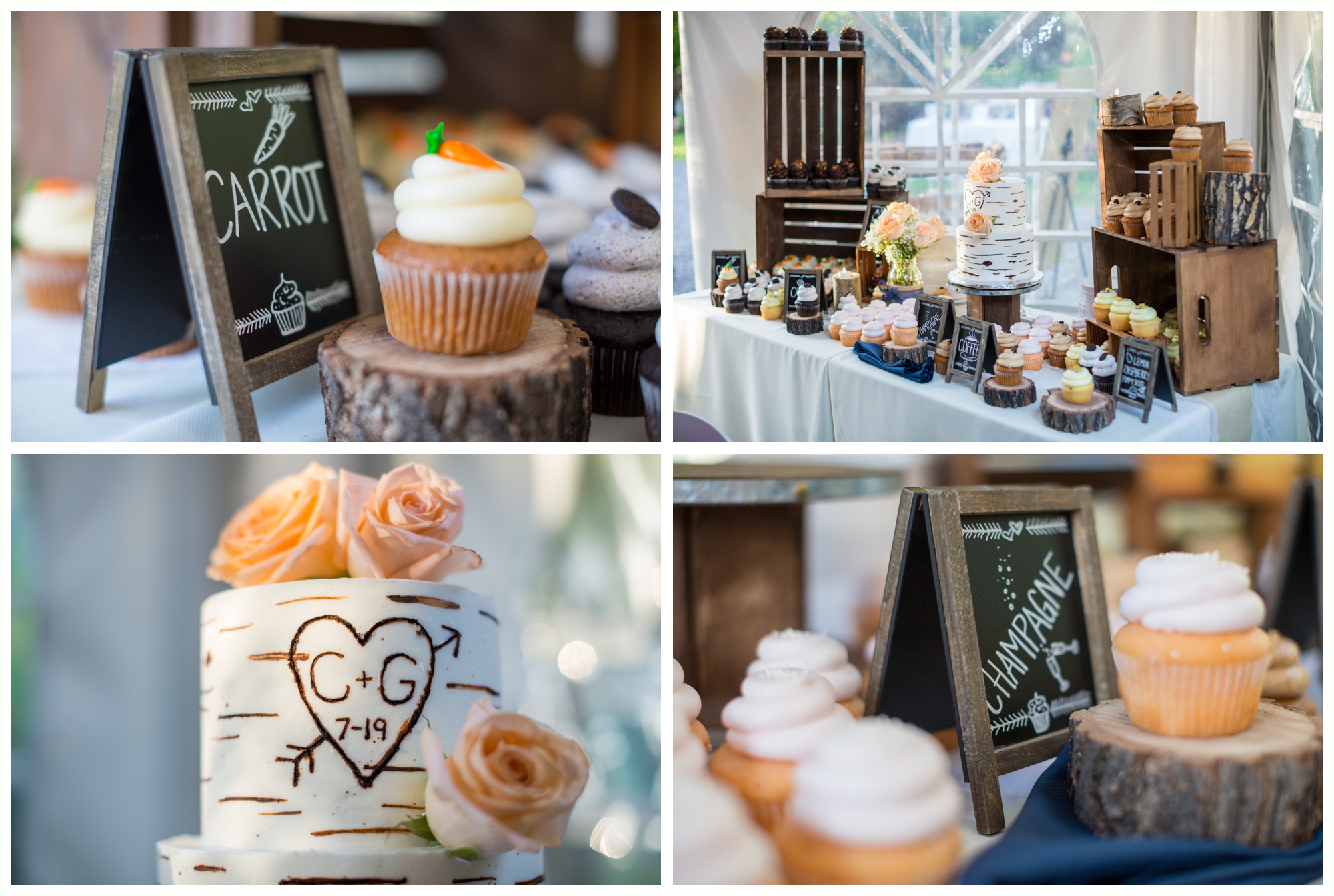 reception decor and details at stone mountain lodge. cupcakes and cake