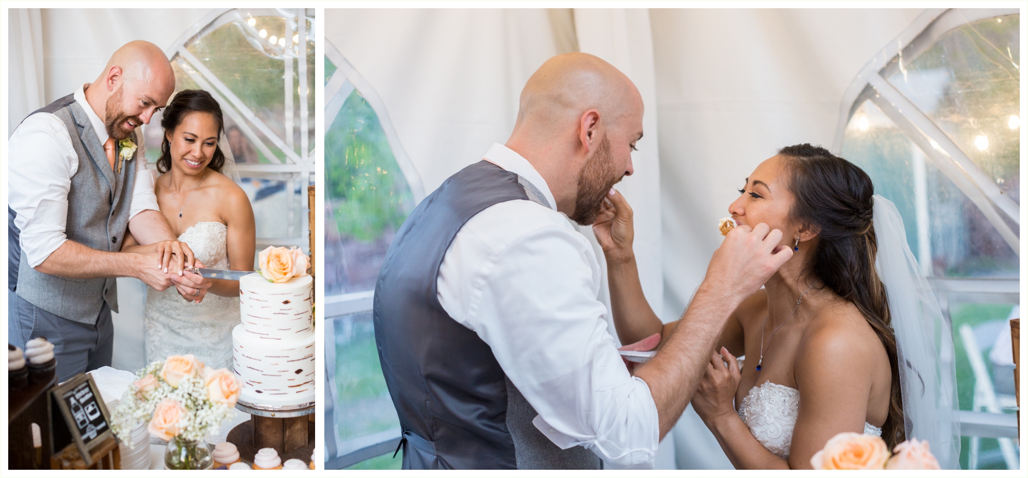 bride and groom cut cake and feed each other wedding reception