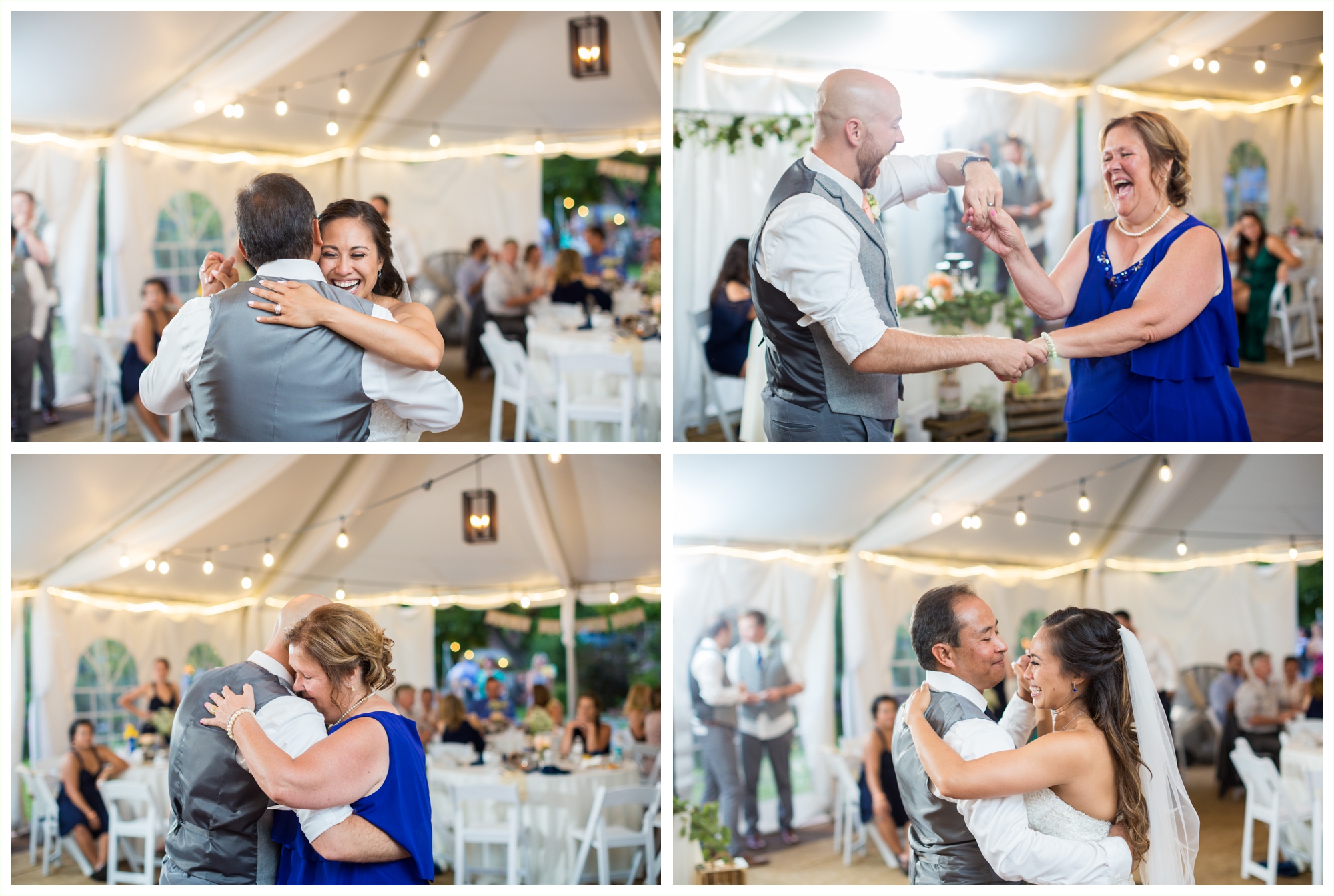 bride and groom share first dance with parents at wedding reception