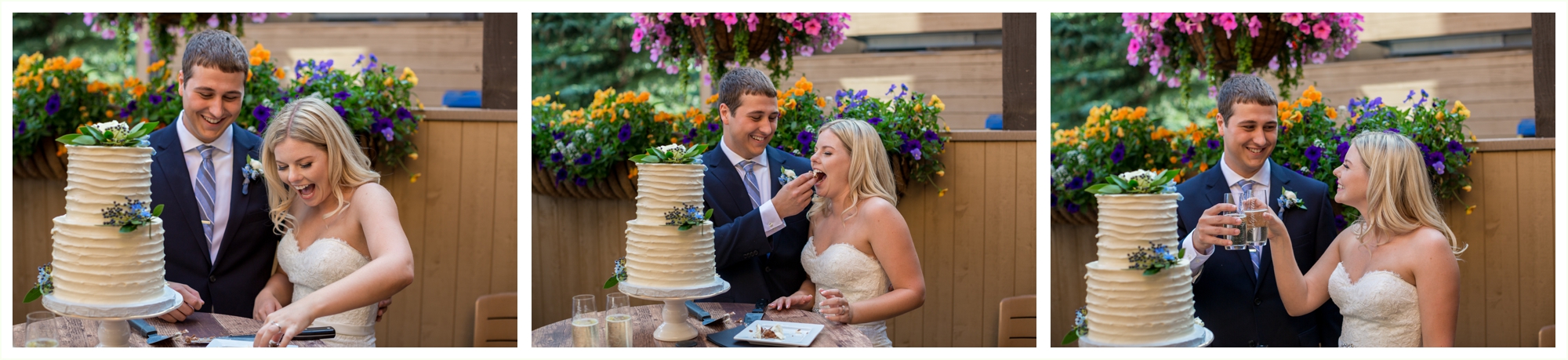 bride and groom cut and eat wedding cake in breckenridge
