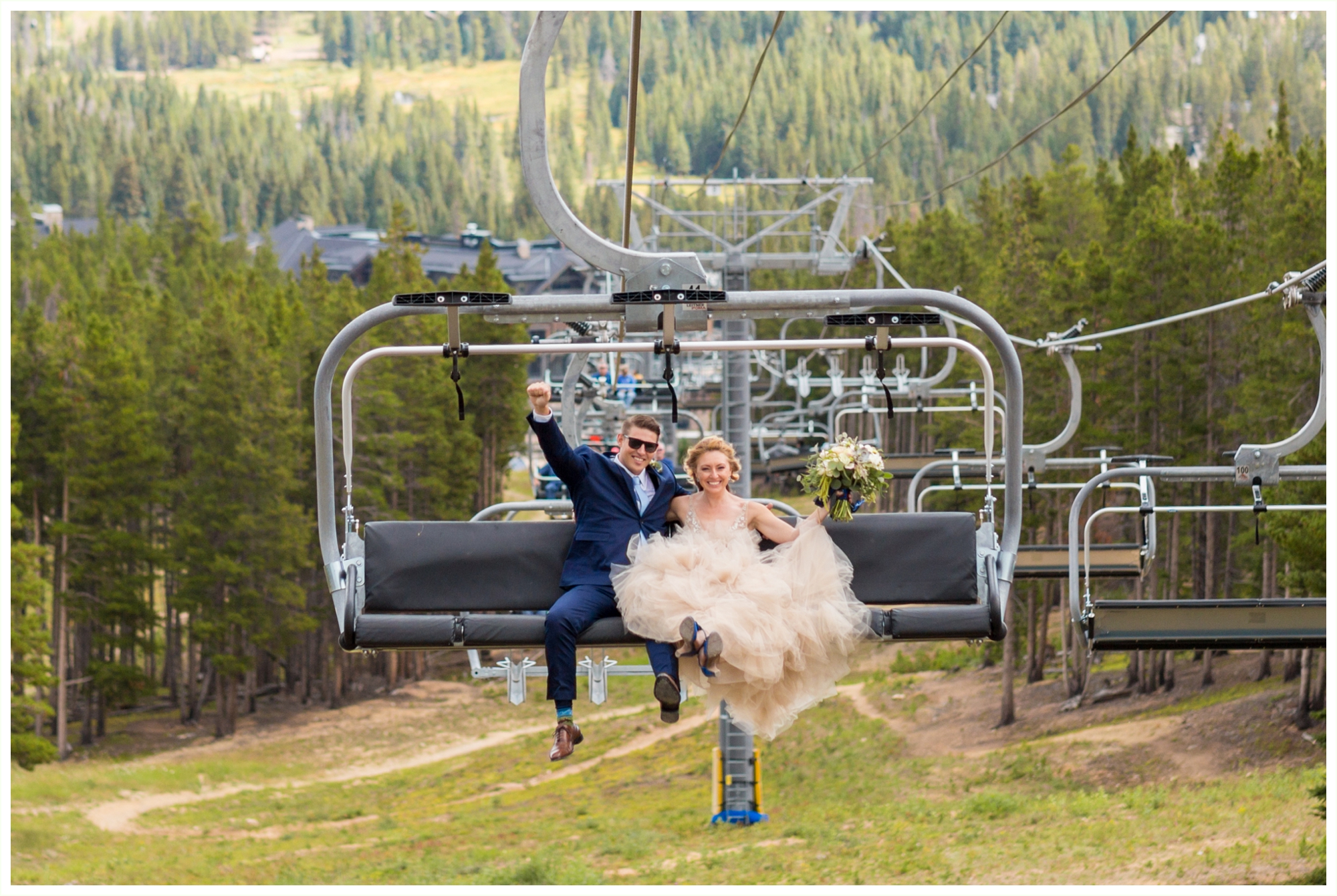 bride and groom portrait on ski gondola in breckenridge colorado