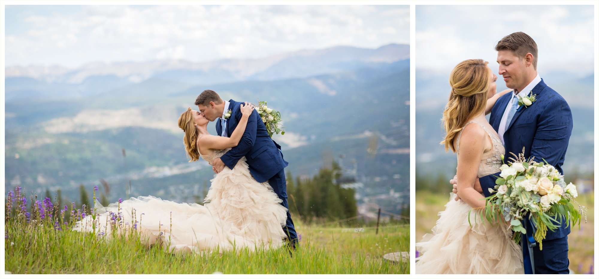 bride and groom wedding portraits for breckenridge colorado wedding romantic dip kiss