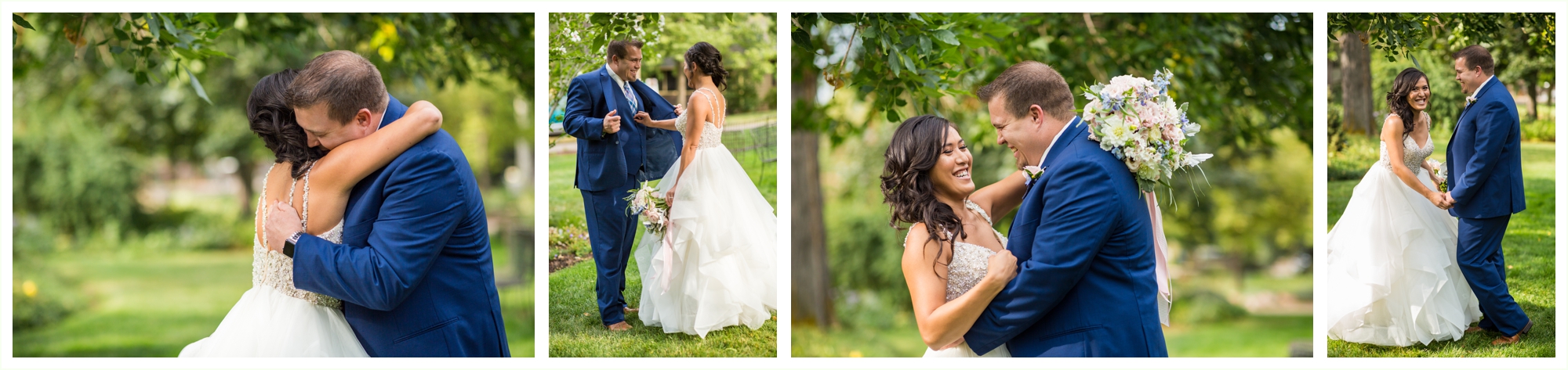 bride and groom share first look in boulder colorado near chautauqua park