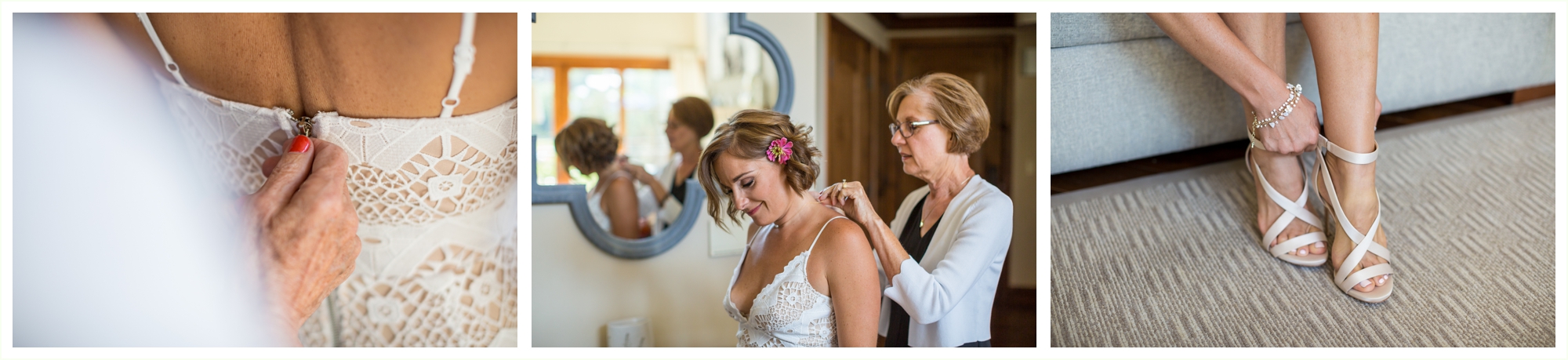 bride's mother helping her into her dress at ritz carlton vail colorado