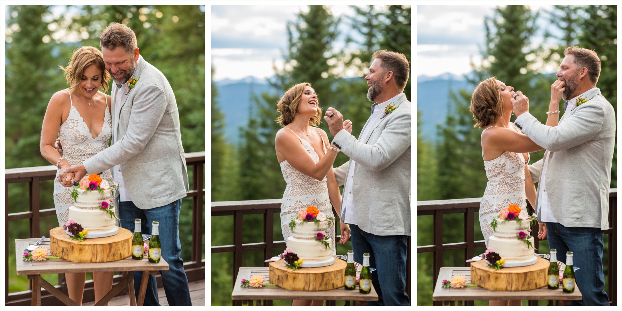 bride and groom cut and eat wedding cake after elopement at julia's deck in vail colorado