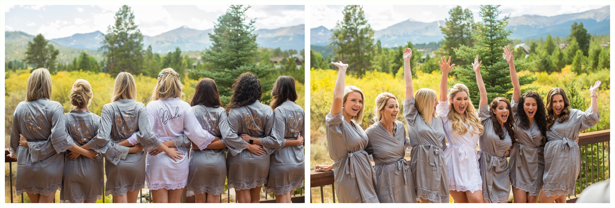 bride with her bridesmaids in matching gray robes with names on the back overlooking mountains of breckenridge colorado mountain wedding photographer kathryn kim