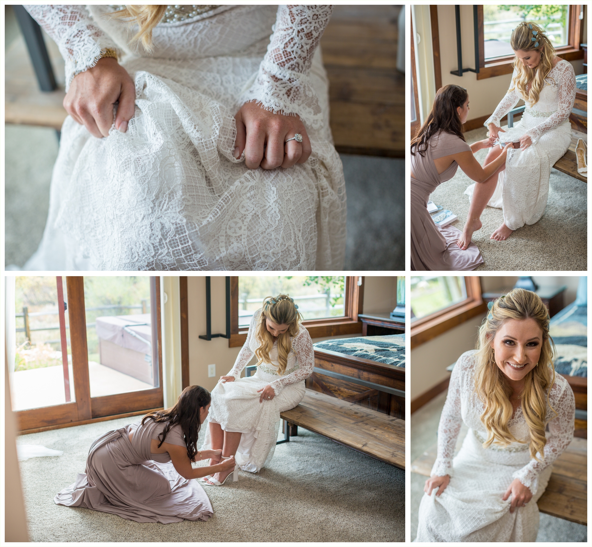 bride getting into dress for sapphire point wedding in private residence breckenridge colorado fall 