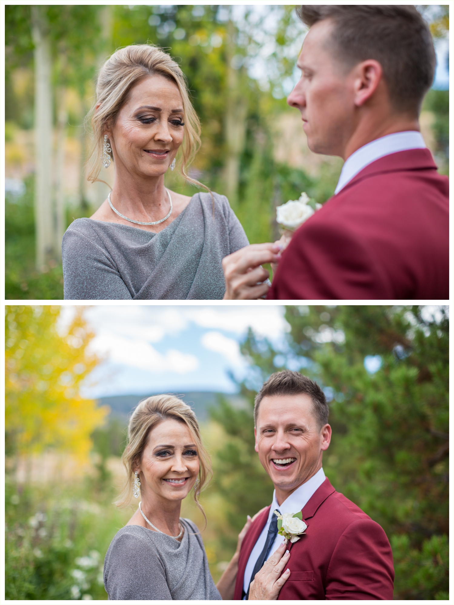 groom's mother pinning boutonneire on maroon suit for breckenridge colorado wedding ceremony