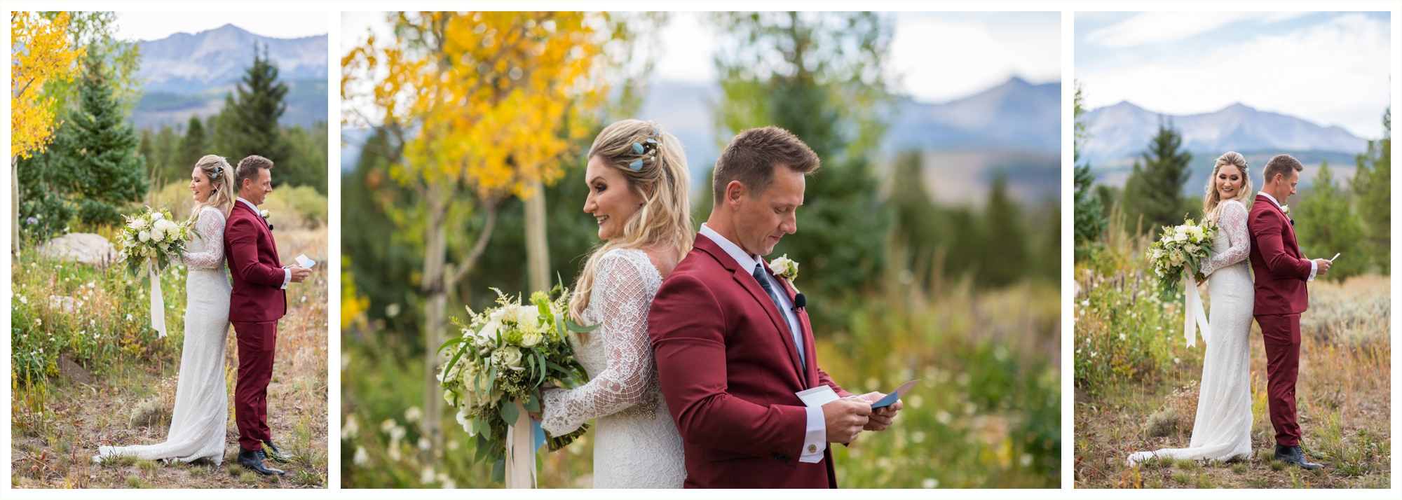 bride and groom back to back reading sweet notes to each other before first look in breckenridge colorado at private cabin residence