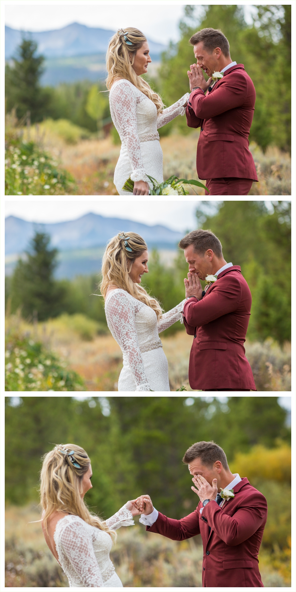 bride and groom first look groom is emotional and crying before sapphire point elopement